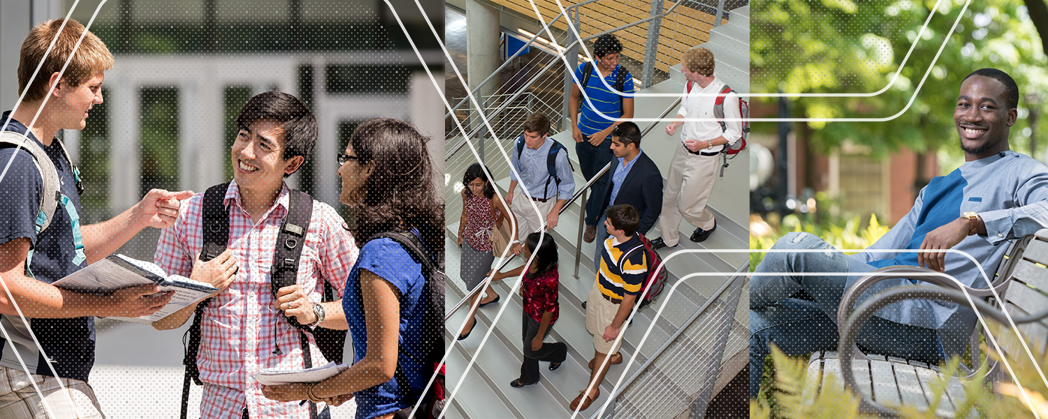 Photo tryptic of a trio of students smiling and talking, a group of students walking down stairs, and a young Black man sitting on a bench.