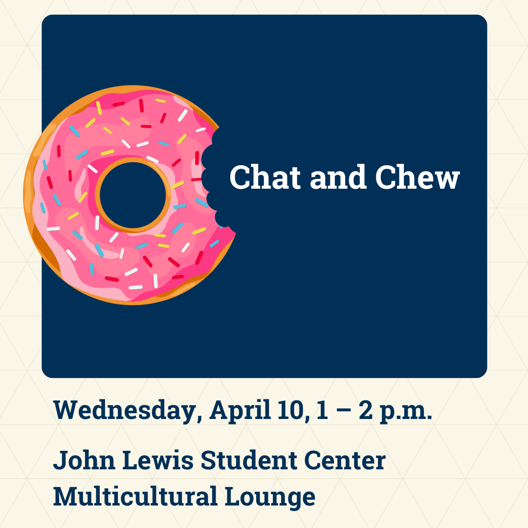 an illustration of a pink donut with multi colored sprinkles and the words Chat and Chew