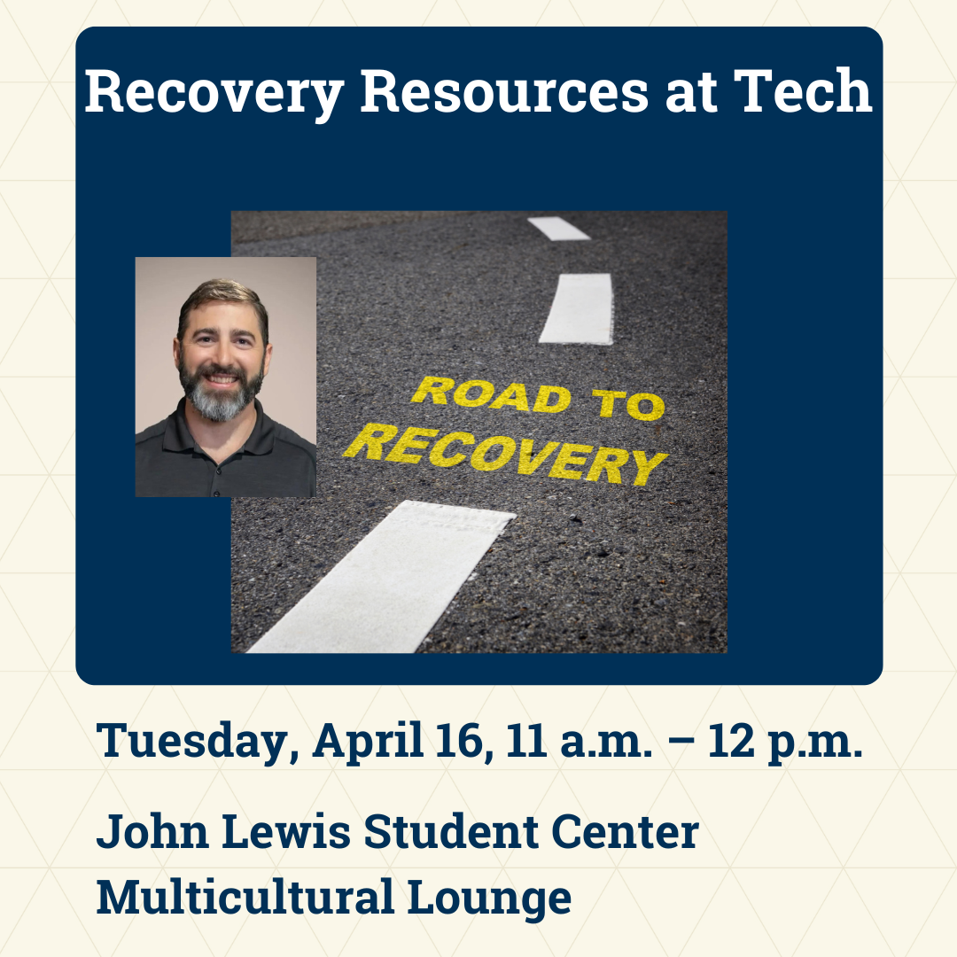 a photo of a smiling bearded man is inset next to a photo of an asphalt road with the words road to recovery