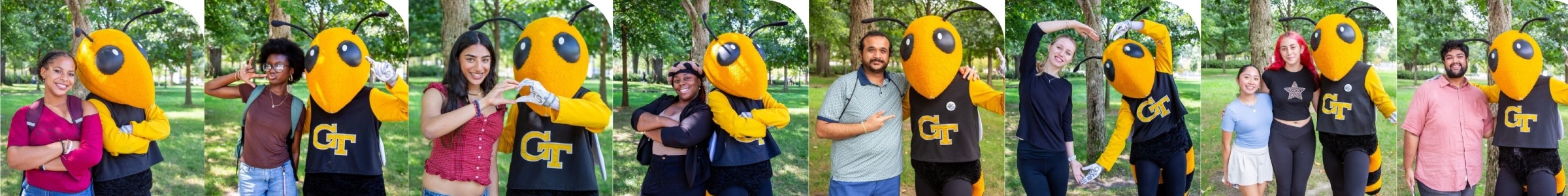 the yellow jacket mascot standing with students